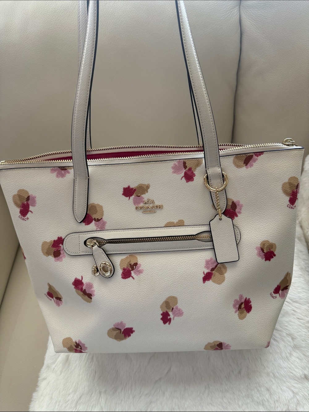 Coach Cream Floral Leather Tote with Pink and Tan Accents
